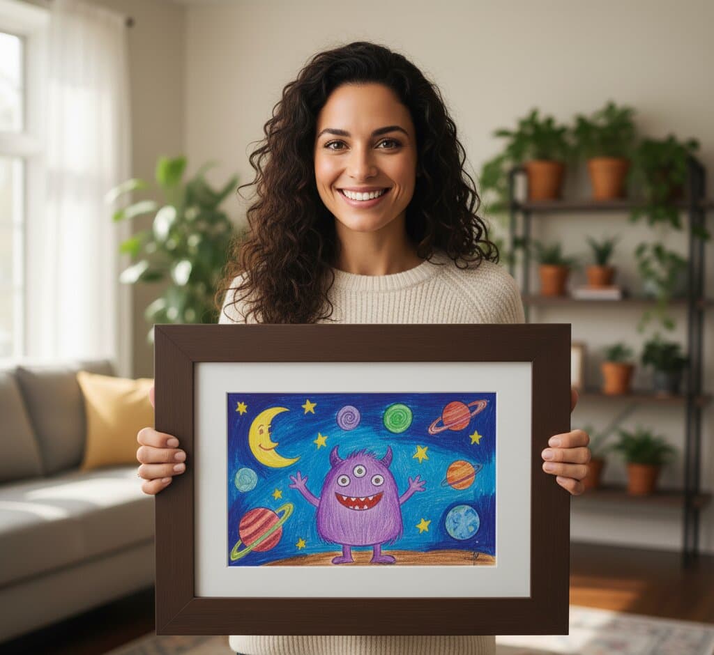 Woman in cream sweater holding framed children's space drawing featuring purple monster with planets stars and moon in brown wood frame with white mat in bright modern interior