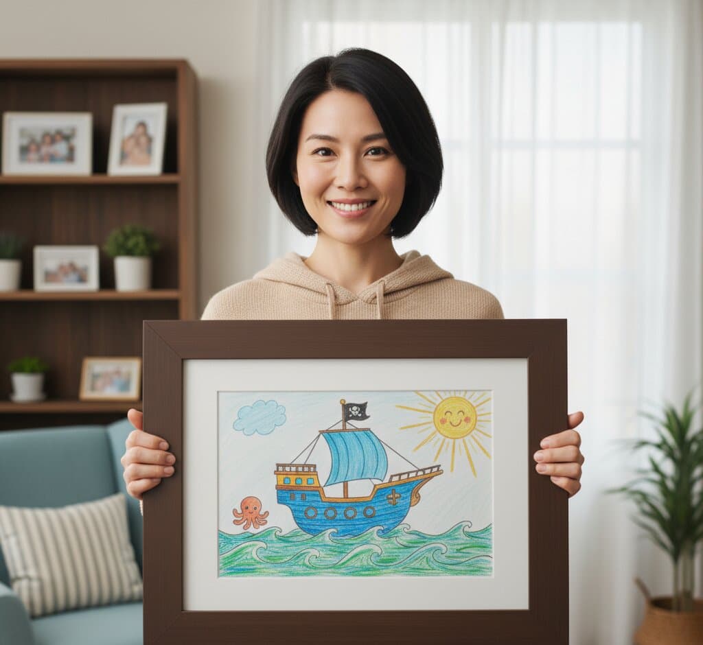 Woman in tan hoodie holding framed children's crayon drawing of pirate ship with octopus and smiling sun in brown wood frame with white mat in cozy home interior