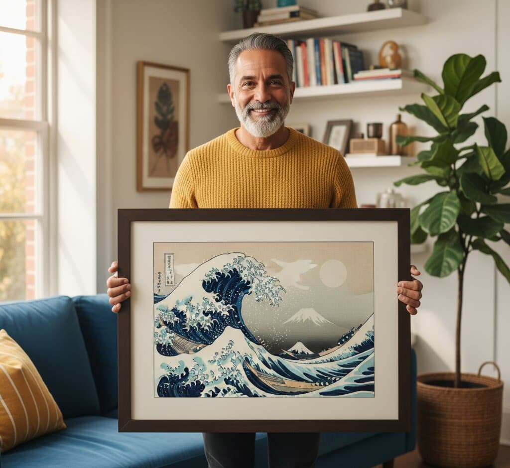 Man in gallery viewing cosmic spiral galaxy painting with blue and purple nebula in brown wood frame displayed in modern art gallery with skylight and multiple framed works