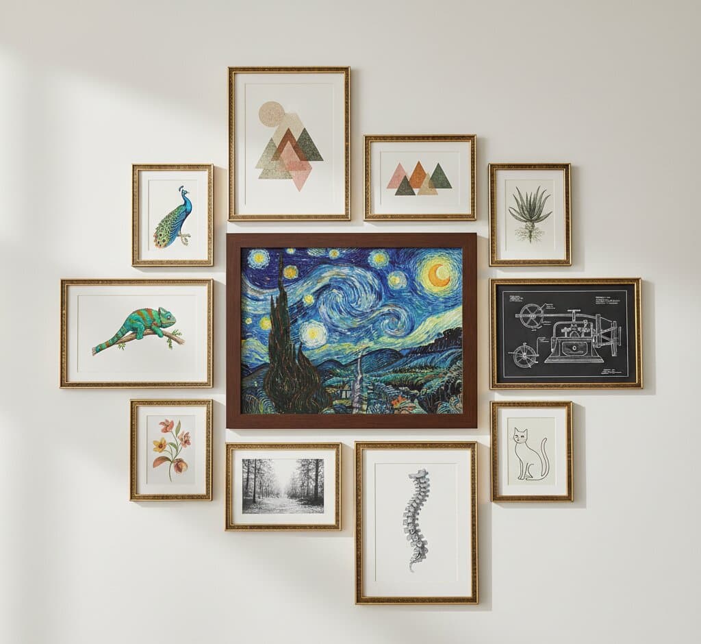 Woman decorating bright living room wall with brown wood frames displaying mid-century inspired illustrations in modern minimalist setting