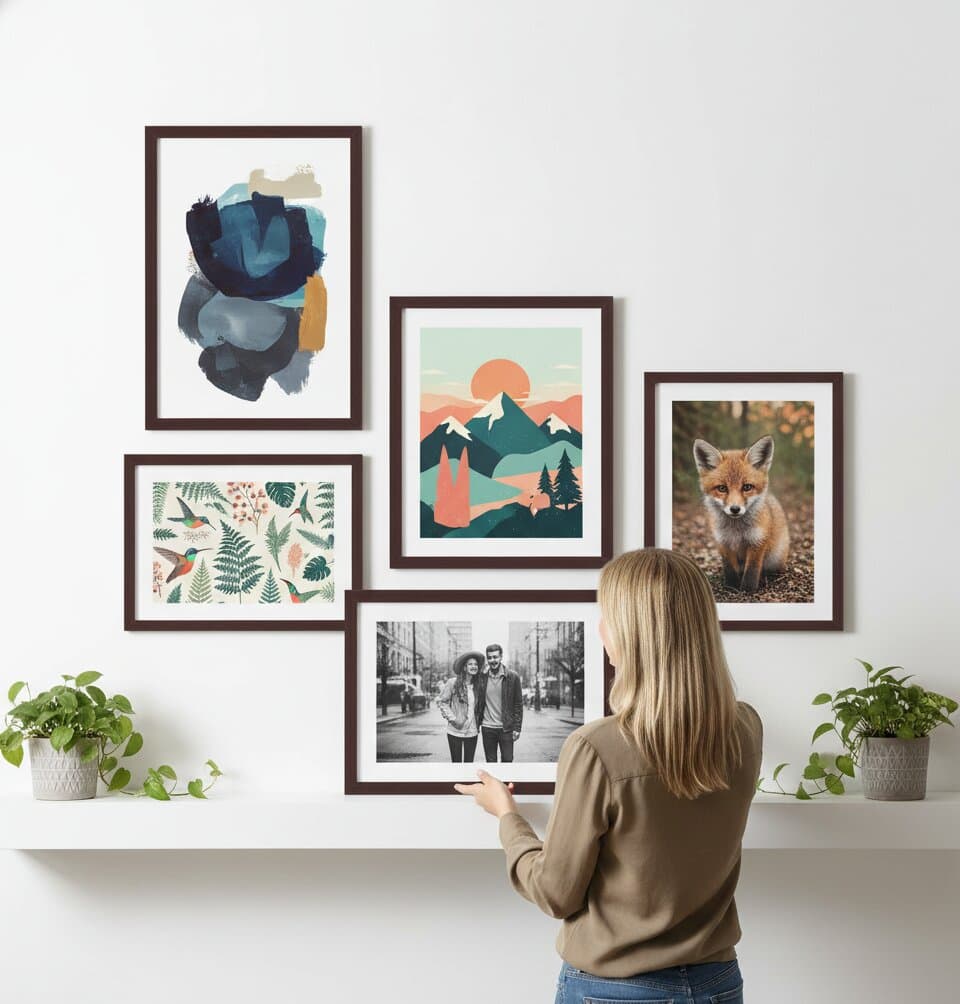 Cozy living room with navy walls and gallery wall of brown wood picture frames displaying botanical abstract and black-and-white artwork above beige sofa with dog resting