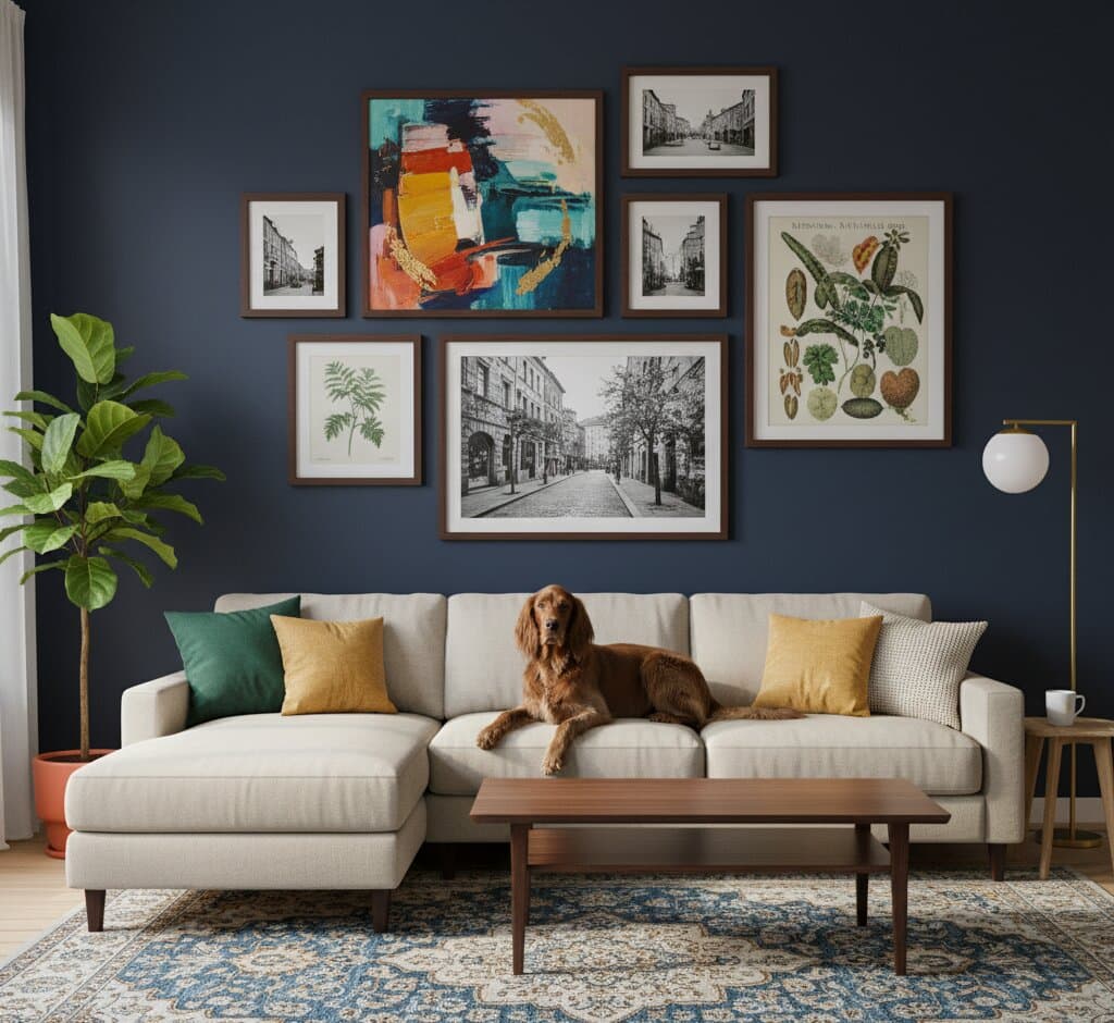 Framed abstract watercolor painting in blue purple and yellow tones hanging on white wall displayed in brown wood frame with sunlit shadows