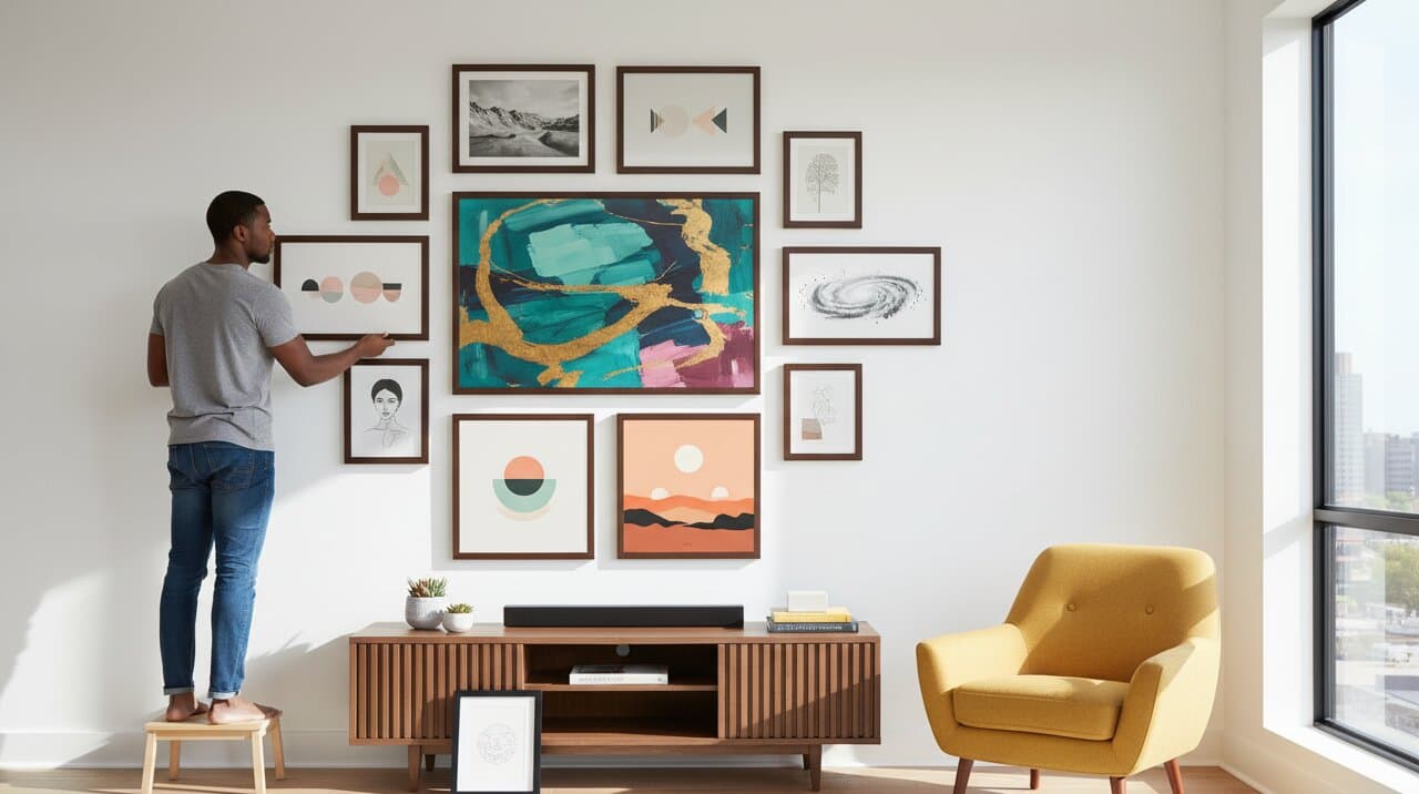 Man seated on floor holding large geometric print in brown wood frame surrounded by various framed artworks leaning against wall