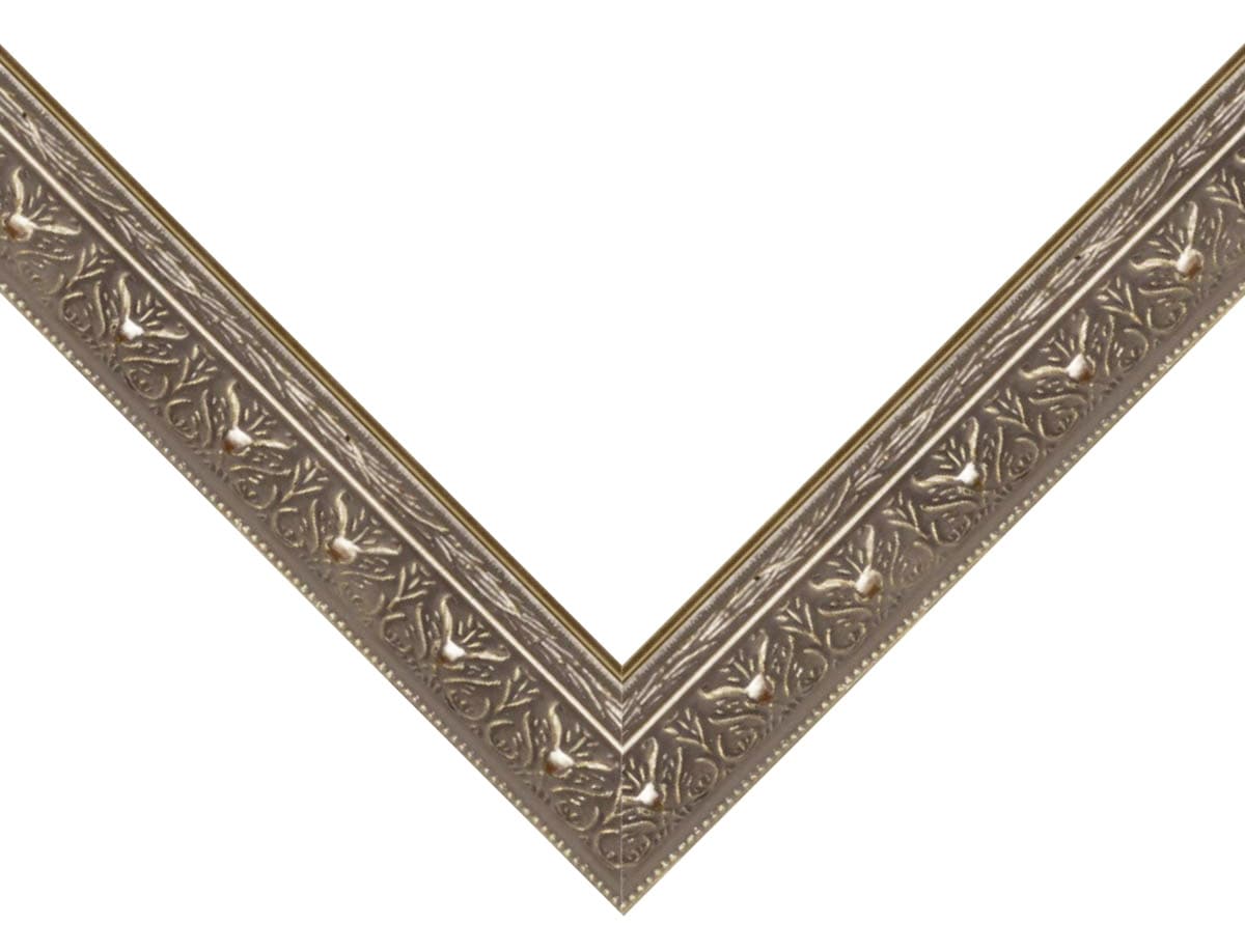 Wide Silver Frame corner detail showing ornate champagne silver finish with decorative leaf pattern in museum-grade 2.5 inch profile