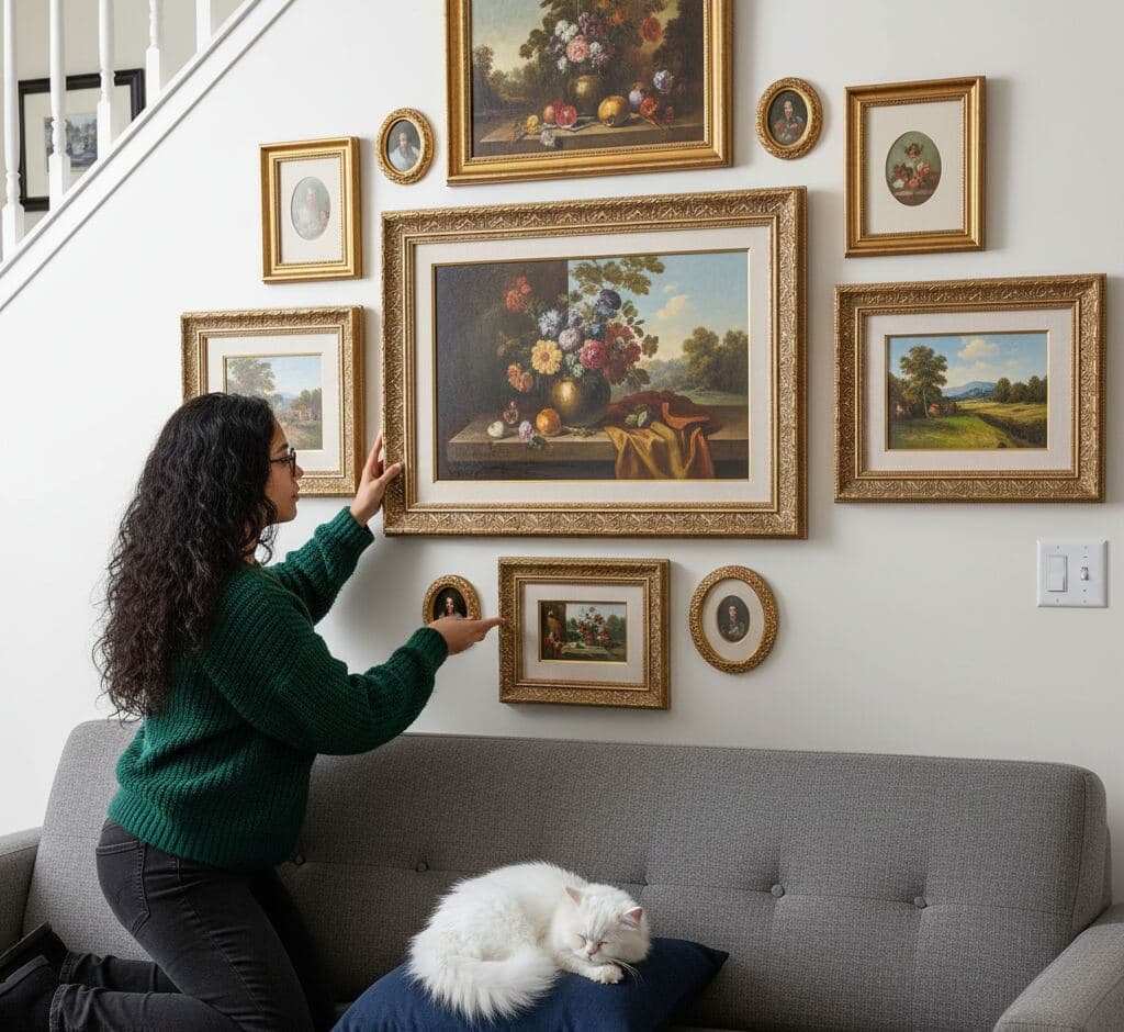 Woman curating gallery wall of ornate gold frames displaying Dutch master style floral still life paintings and classical landscape art with white Persian cat on gray sofa