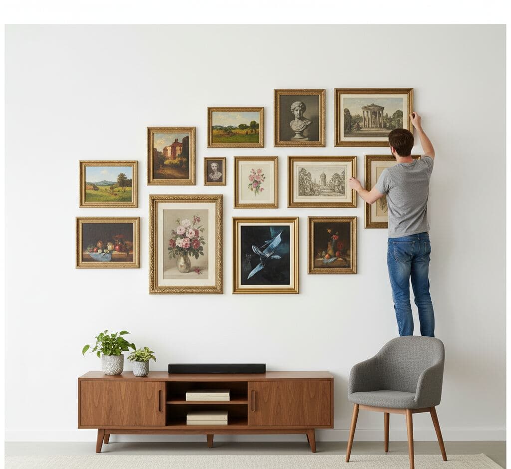 Large salon-style gallery wall featuring fifteen ornate gold frames with museum-grade matting displaying classical landscape paintings botanical prints still life art and vintage portraits