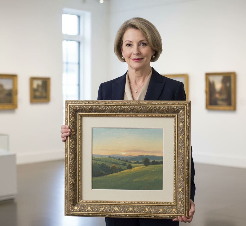 Professional art curator holding ornate gold picture frame with decorative leaf pattern displaying sunset landscape painting with museum-quality double matting in gallery setting