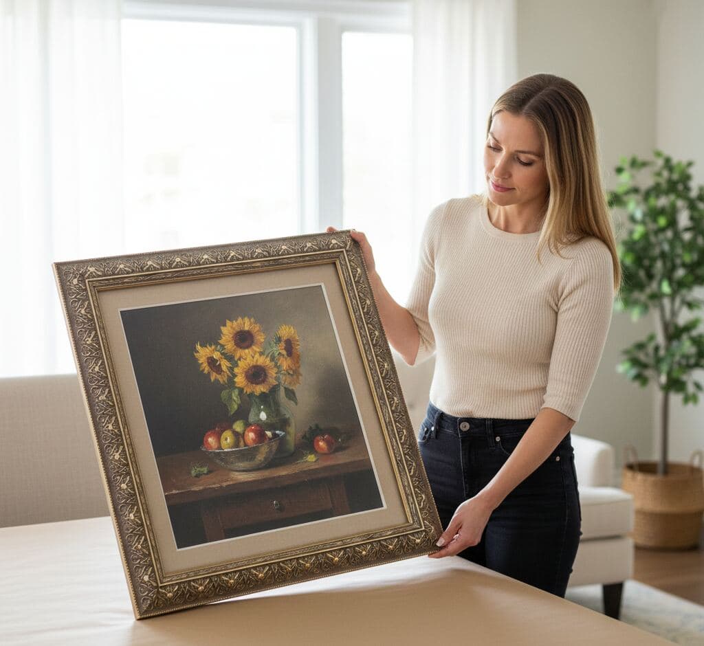 Woman admiring ornate decorative gold picture frame with wide champagne silver finish displaying classical still life painting of sunflowers and fruit in bright interior