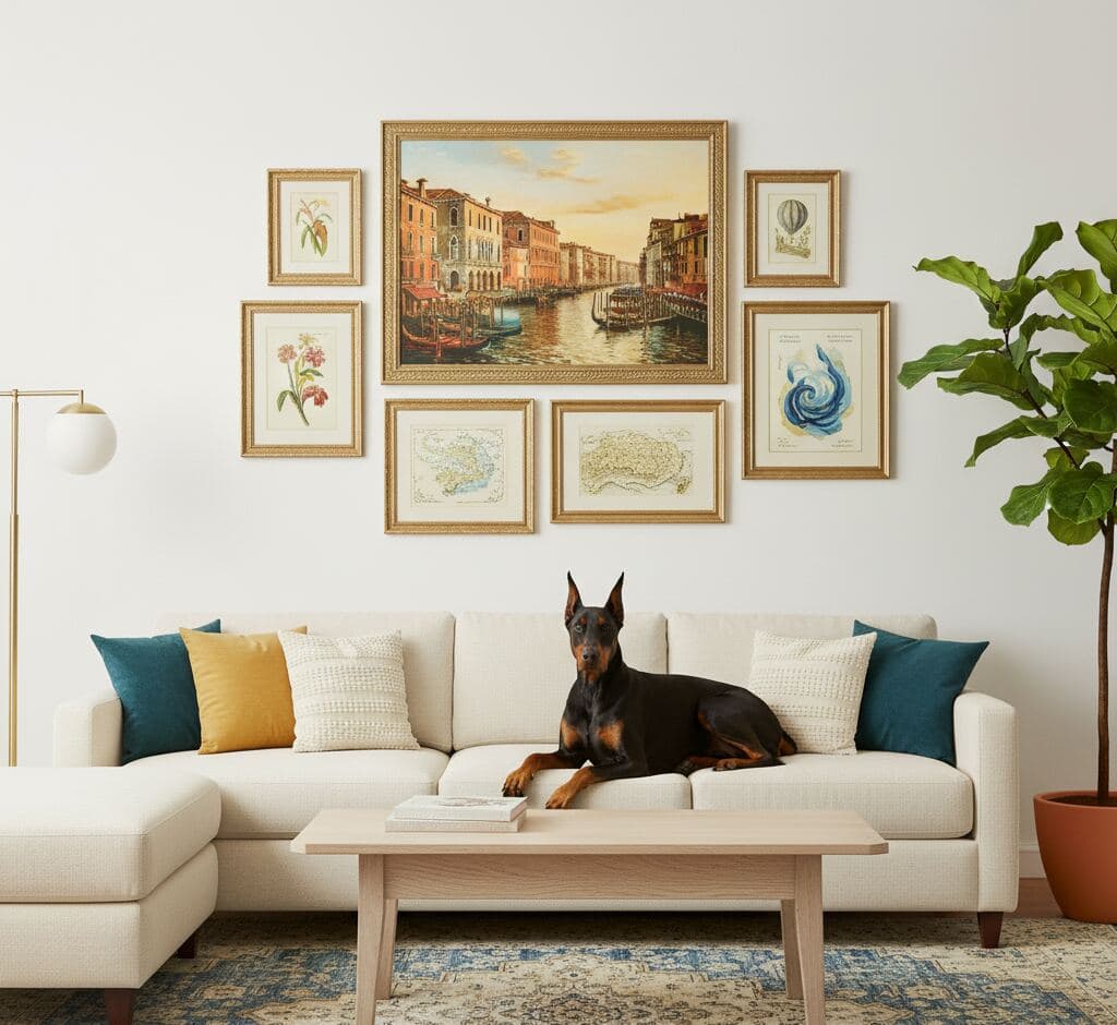 Gallery wall arrangement with ornate gold frames featuring large Venice canal painting surrounded by botanical illustration prints and vintage maps above sectional sofa with Doberman