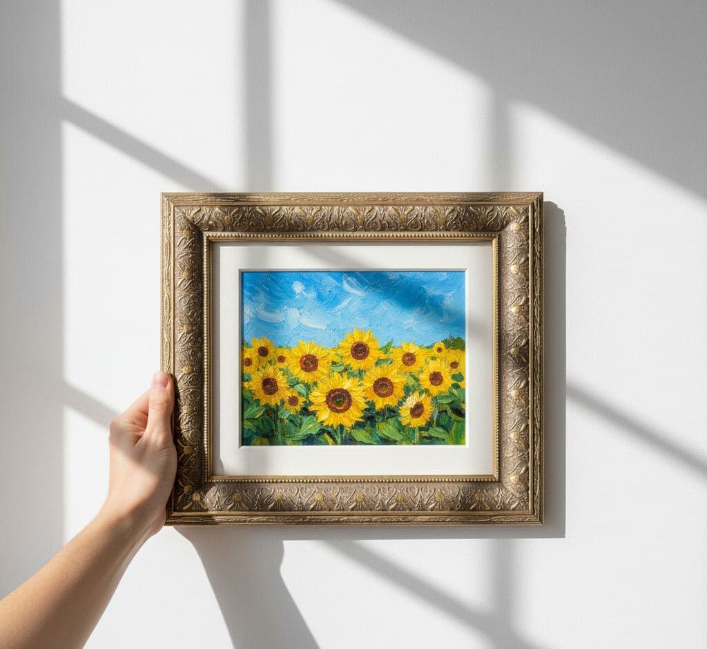 Hand holding wide museum-grade ornate gold picture frame displaying vibrant sunflower field oil painting with dramatic window light shadows on white wall