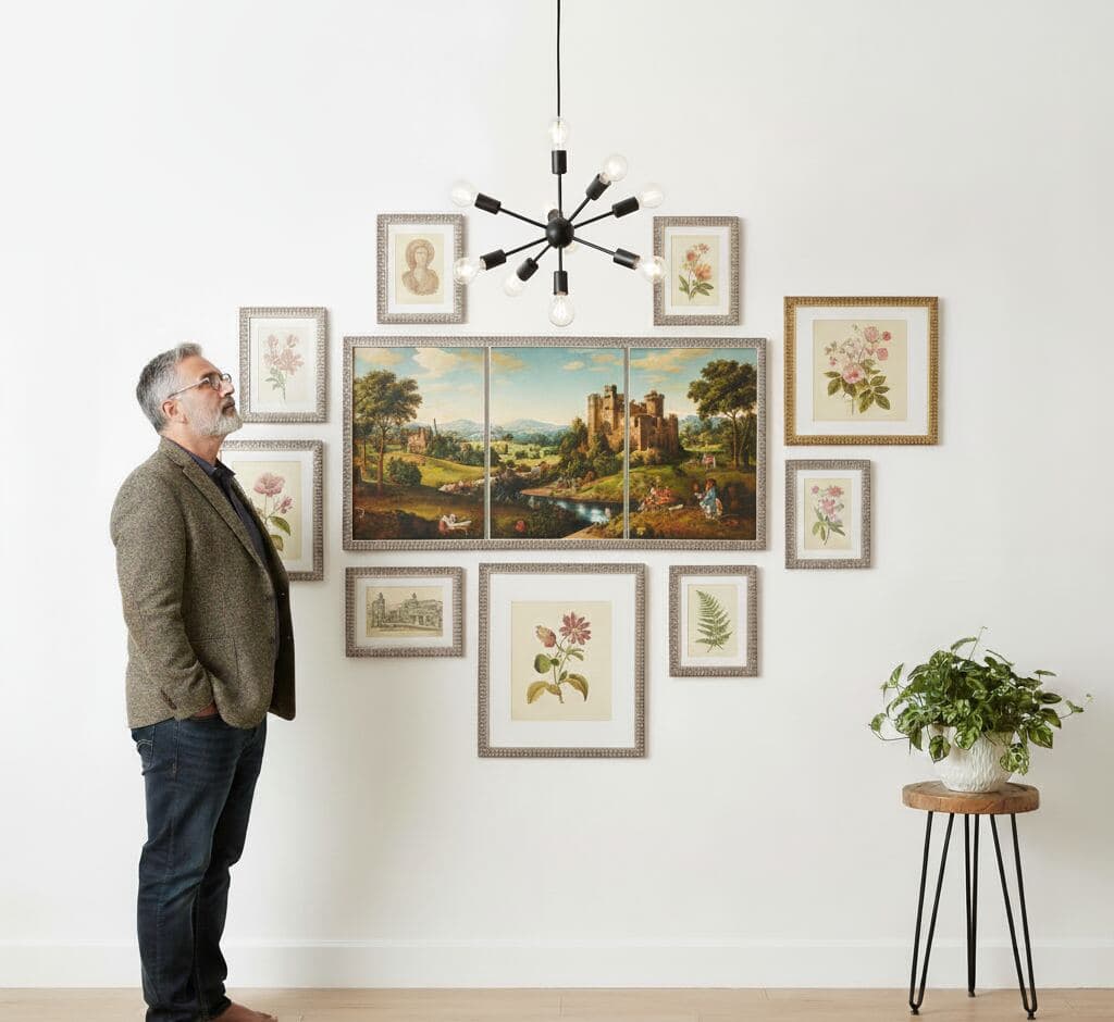 Man admiring ornate gold frame gallery wall featuring three-panel classical castle landscape triptych surrounded by botanical fern prints under mid-century sputnik chandelier