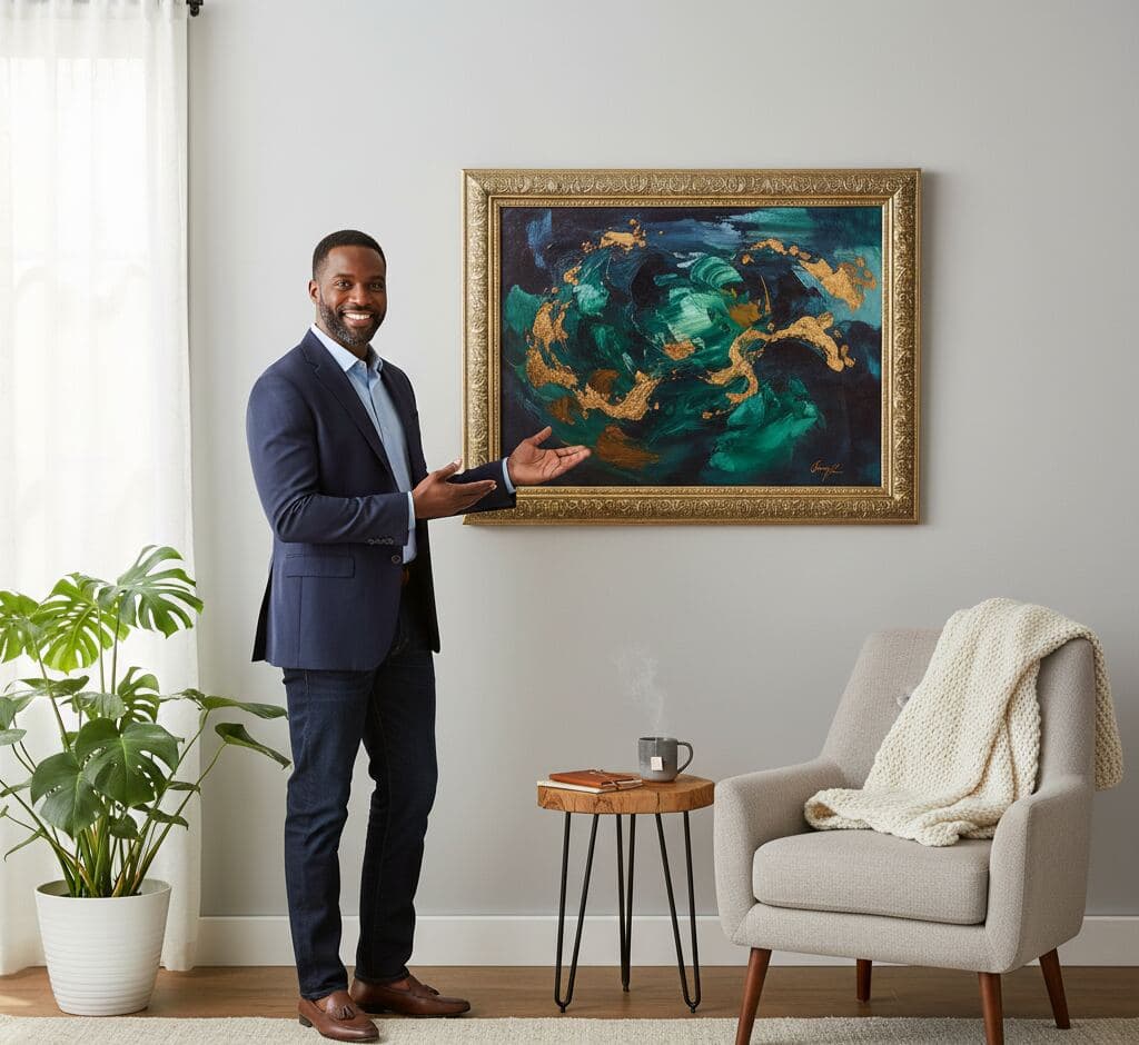 Professional art consultant presenting contemporary abstract painting in ornate gold picture frame with decorative leaf pattern featuring teal green and metallic gold brushwork