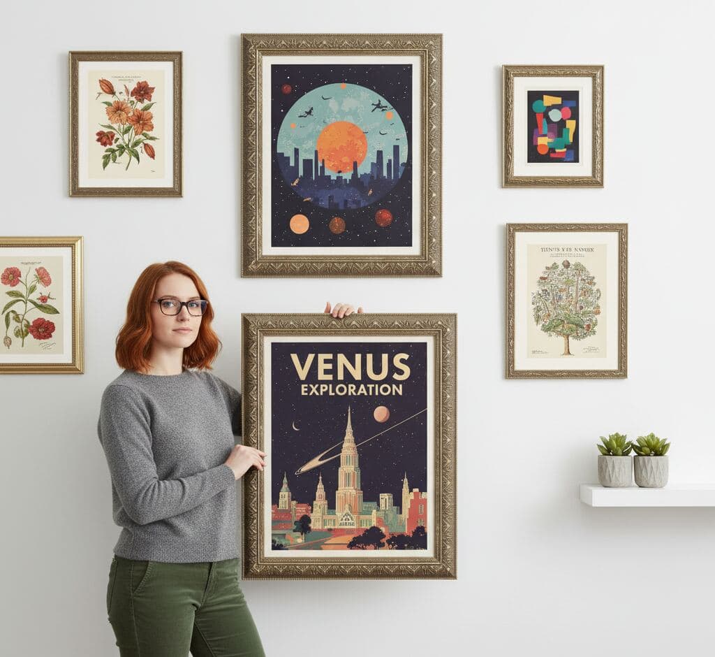 Woman holding large ornate gold picture frame displaying vintage Venus Exploration space travel poster among eclectic gallery wall of astronomy prints and botanical illustrations