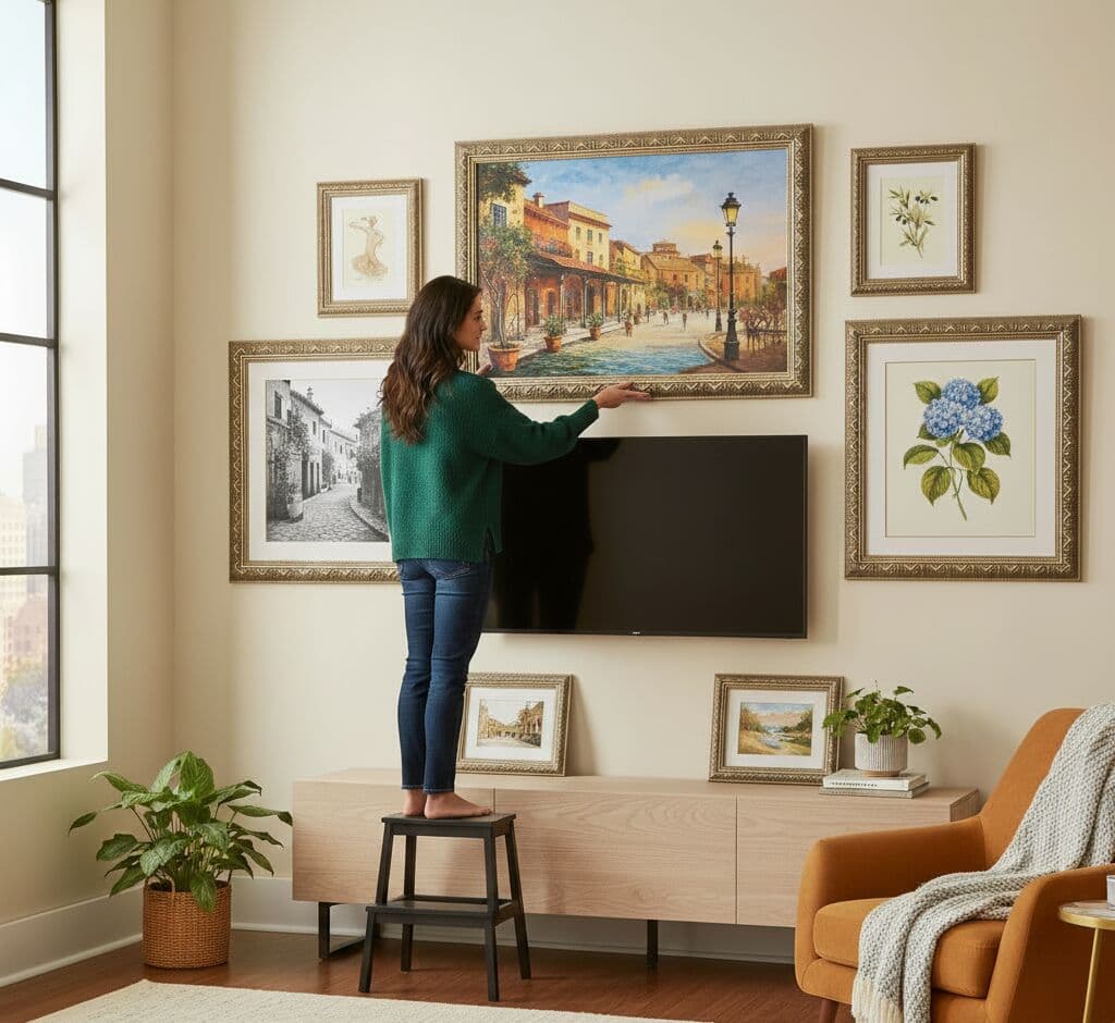 Woman arranging ornate gold picture frames displaying European street scene oil paintings around flat screen television creating elegant gallery wall in modern living room with botanical prints