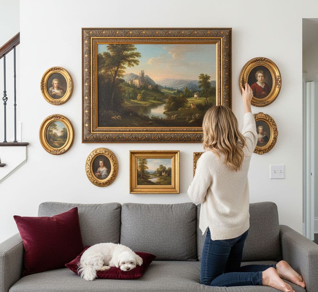 Woman adjusting stairway gallery wall of ornate oval and rectangular gold frames featuring large classical castle landscape painting Dutch master portraits and countryside oil paintings with white fluffy dog