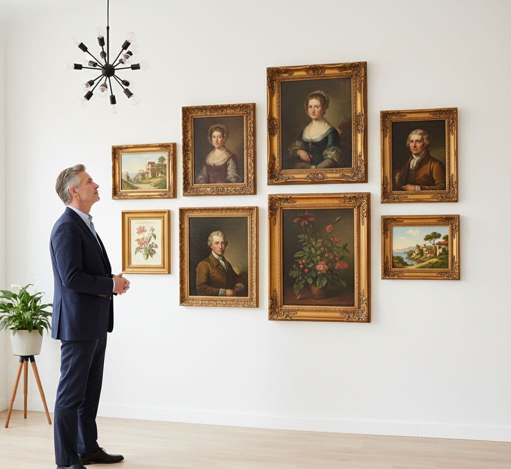Businessman admiring formal gallery wall of ornate gold picture frames displaying classical oil painting portraits formal still life florals and European landscape art under modern sputnik chandelier