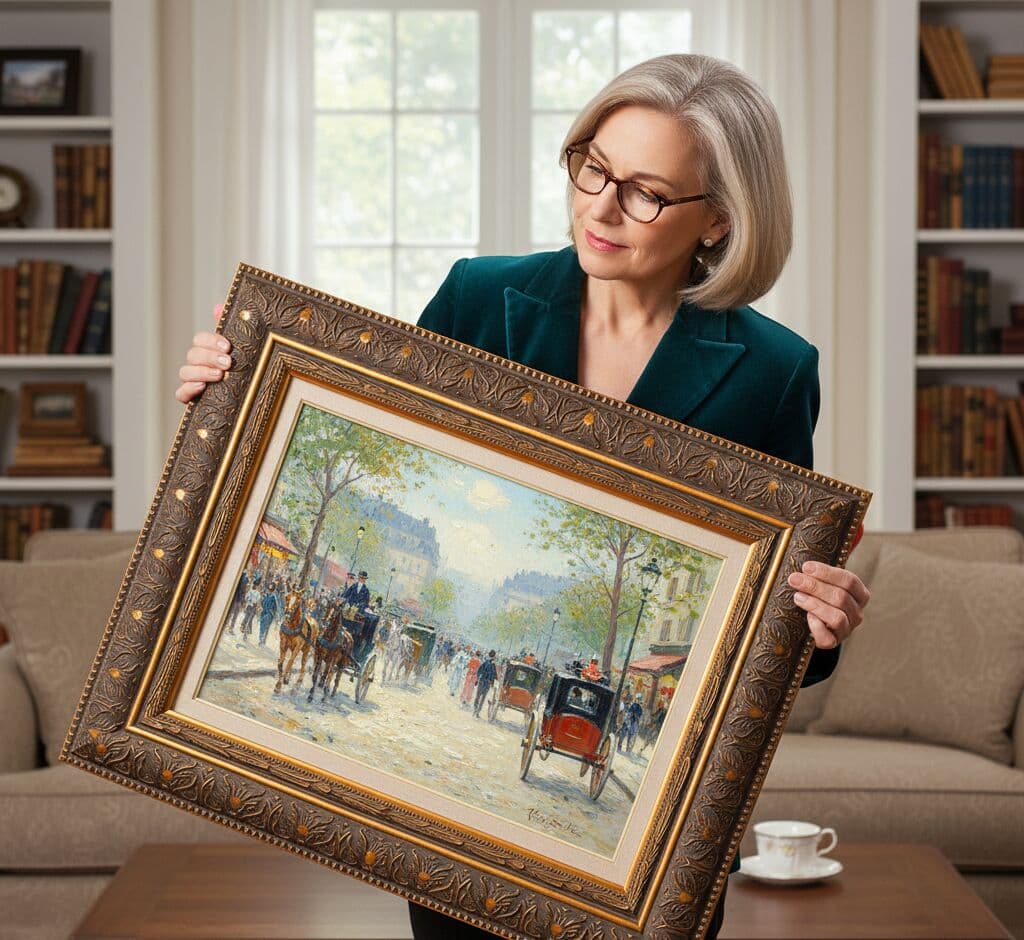 Woman in library examining large ornate gold picture frame with elaborate hand-carved leaf pattern displaying impressionist Parisian boulevard street scene with horse carriages and cafes