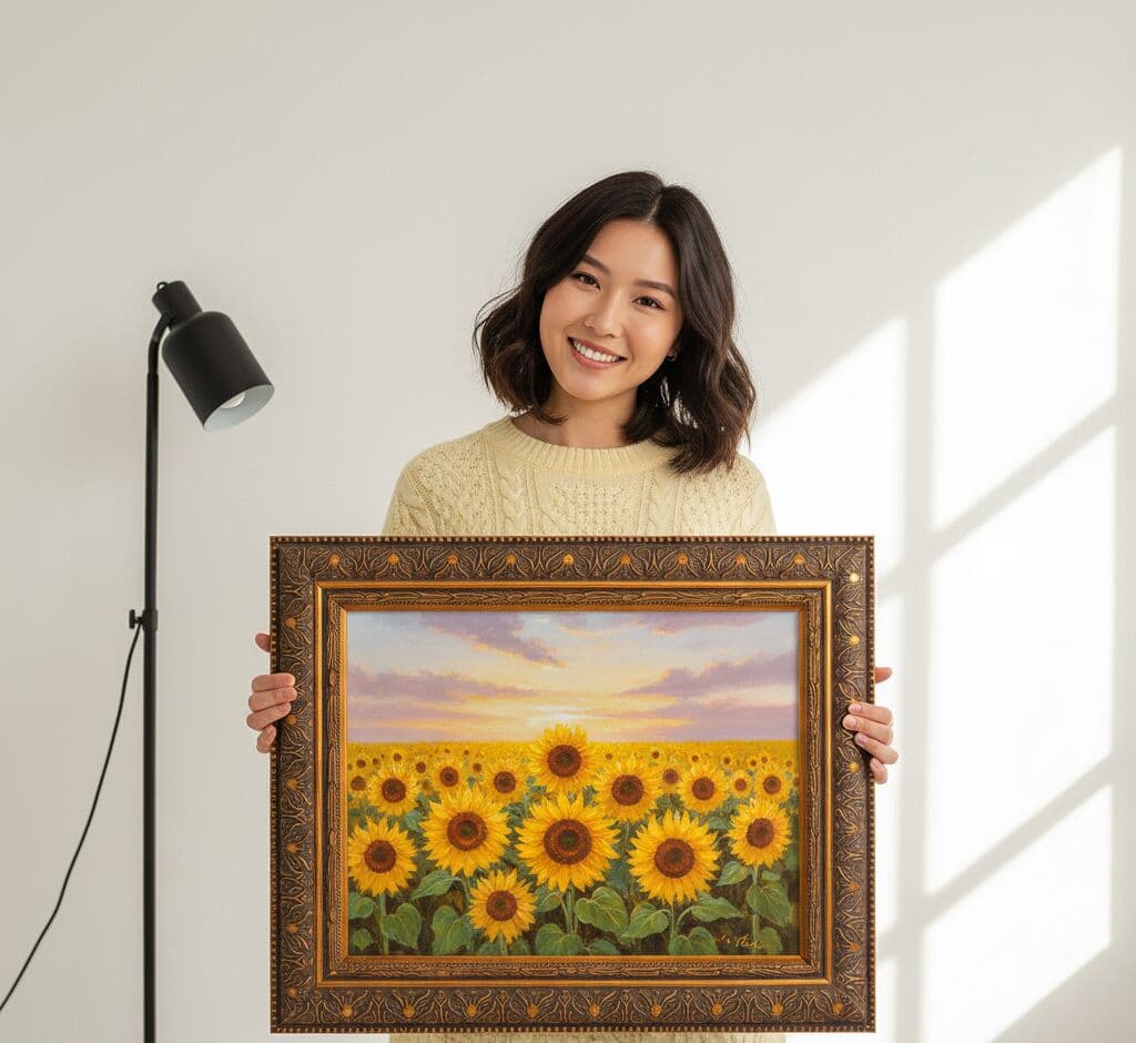 Smiling woman holding ornate gold picture frame with decorative leaf pattern displaying vibrant sunflower field oil painting with dramatic sunset sky in contemporary minimalist interior