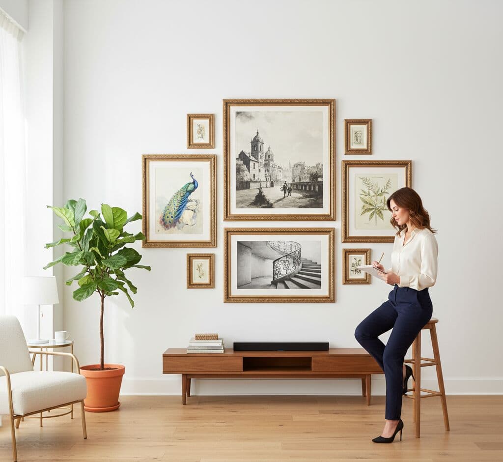 Professional woman admiring curated gallery wall of ornate gold frames featuring peacock watercolor botanical art vintage architecture photography and classical cityscapes above mid-century credenza