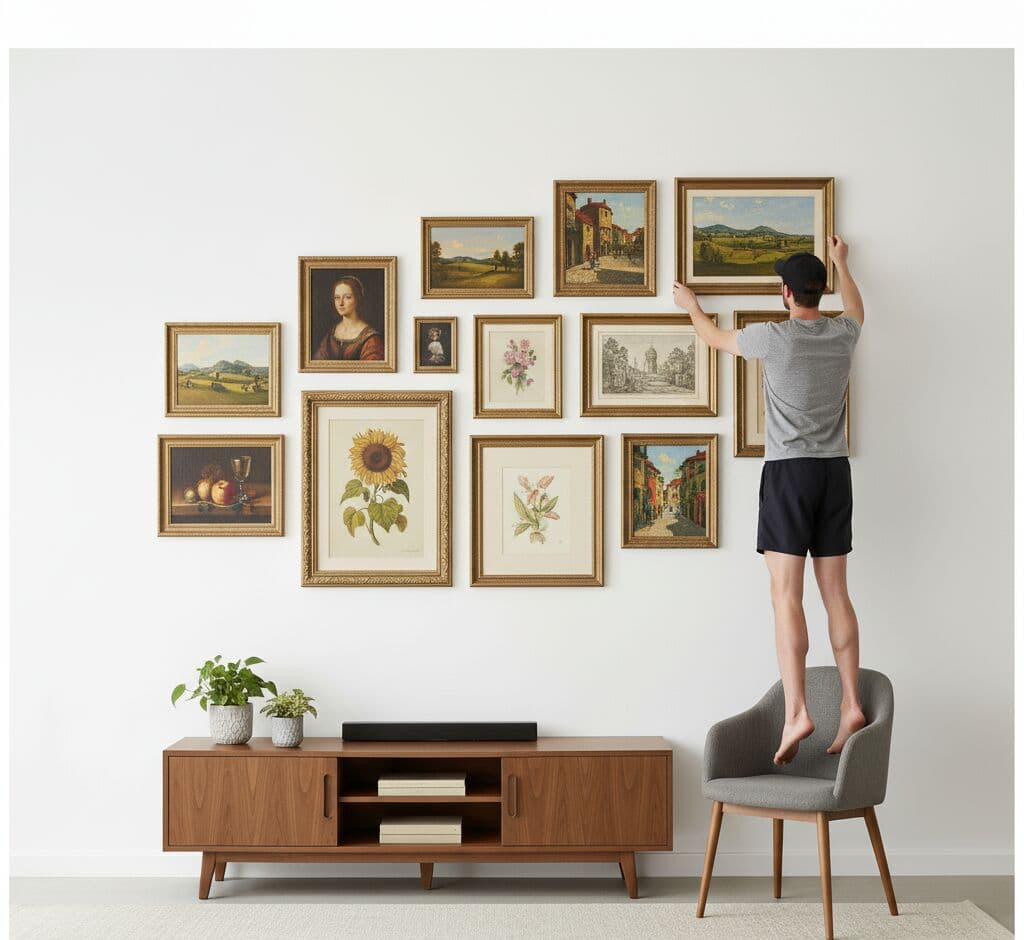 Man arranging salon-style gallery wall of fifteen ornate gold picture frames displaying classical Renaissance portraits botanical sunflower painting still life art and Italian street scenes