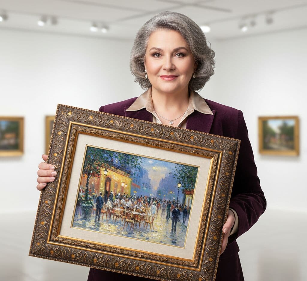 Gallery curator in elegant blazer holding ornate gold picture frame with wide hand-carved moulding displaying impressionist Parisian cafe street scene painting with outdoor dining in museum setting