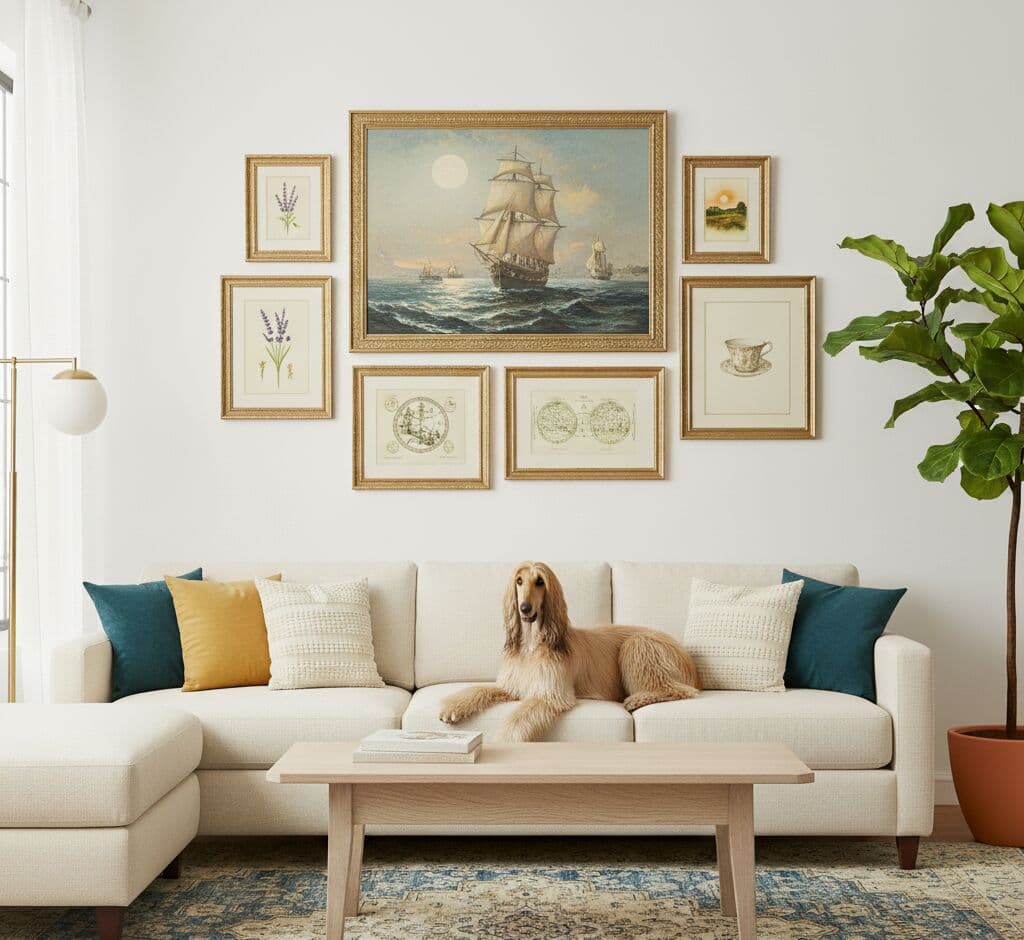 Sophisticated gallery wall arrangement with ornate gold frames featuring tall ship maritime oil painting lavender botanical watercolors vintage celestial maps and teacup illustration with Afghan hound