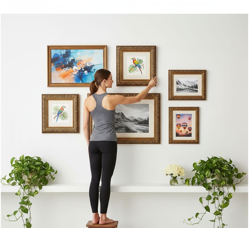 Woman arranging eclectic gallery wall of ornate gold picture frames displaying abstract expressionist art tropical parrot illustrations vintage landscape photography and hot air balloon prints