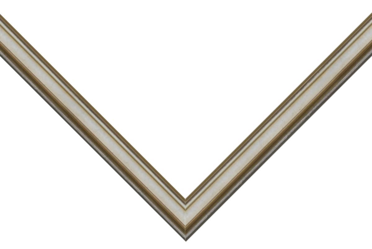 Antique Silver Frame corner detail showing stepped silver finish with cream center panel and gold accent lines in elegant 1.25 inch profile