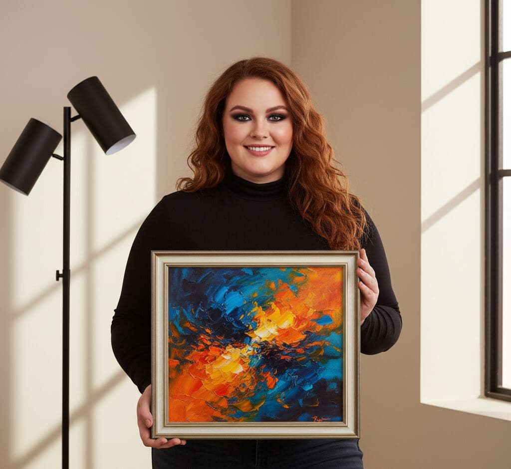 Woman displaying bold abstract painting with vibrant orange and blue palette knife textures in traditional antique silver picture frame with stepped silver finish and cream center panel