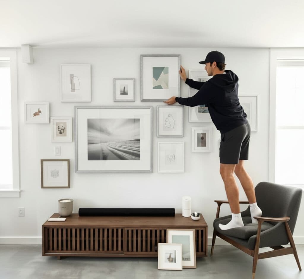 Man arranging mixed media gallery wall with antique silver frames showcasing minimalist geometric prints and black-and-white architectural photography above mid-century modern console