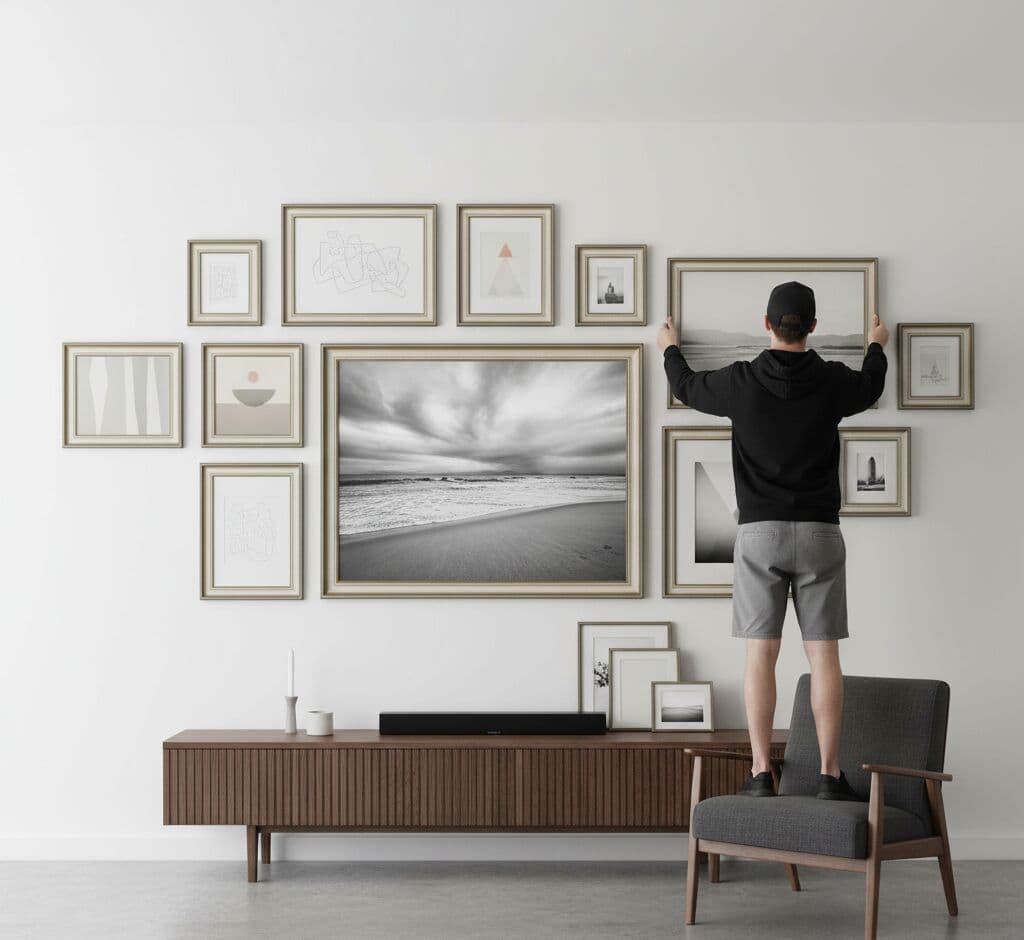Gallery wall installation featuring large antique silver picture frame with dramatic black-and-white beach landscape photograph surrounded by smaller silver frames with geometric abstract art and minimalist prints