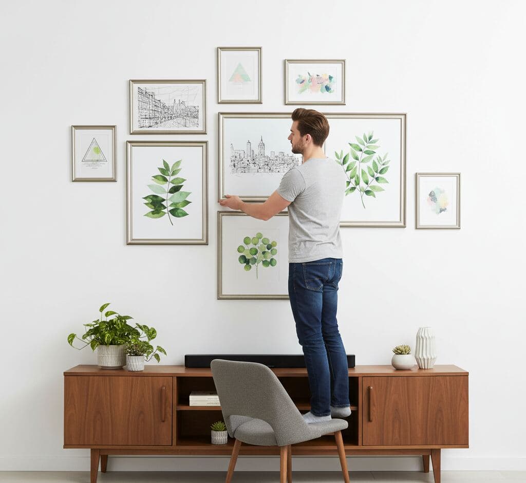 Man curating botanical print gallery wall with multiple antique silver picture frames displaying watercolor fern illustrations and delicate wildflower studies above mid-century credenza with houseplants