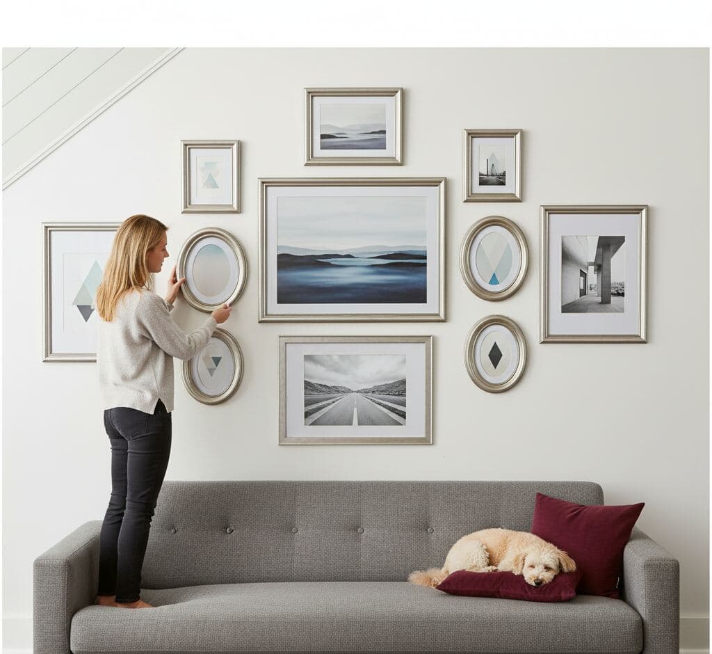 Woman arranging personalized gallery wall using antique silver frames with oval and rectangular shapes displaying scenic landscape photography and abstract geometric art above modern gray sofa with golden retriever