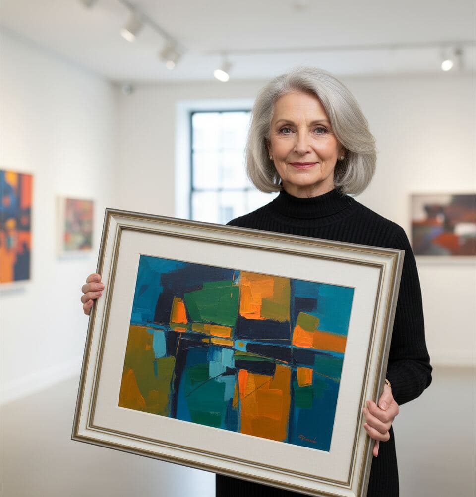 Art collector in contemporary gallery holding vibrant abstract expressionist painting in traditional antique silver picture frame with stepped silver finish showcasing professional framing for modern artwork