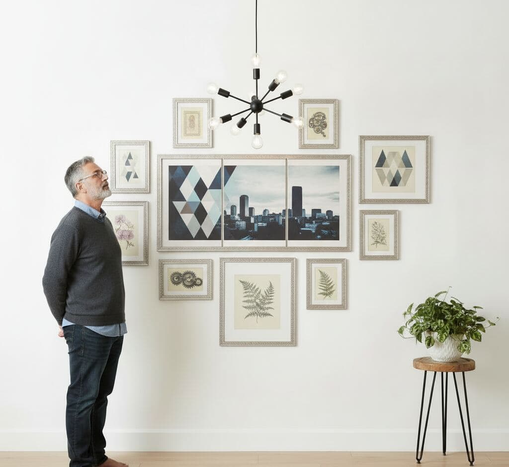 Gallery wall featuring antique silver picture frames with cream mats displaying three-panel cityscape triptych, geometric triangle prints, and vintage botanical illustrations under modern sputnik chandelier