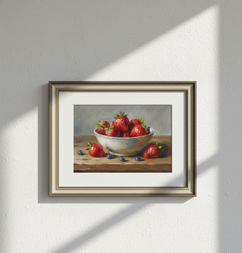 Classic still life oil painting of fresh strawberries in white ceramic bowl professionally framed in antique silver picture frame with wide white mat and traditional stepped silver finish on gallery wall