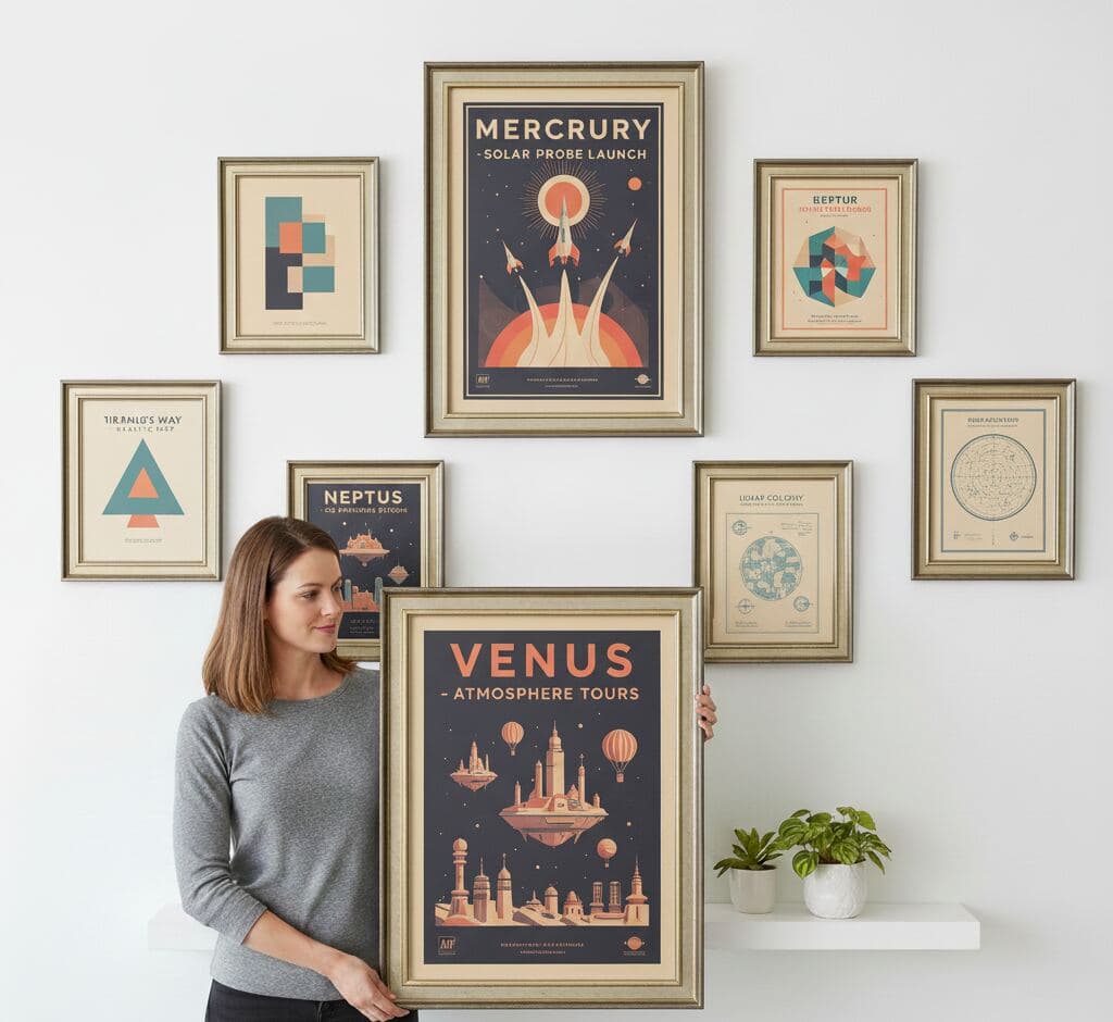 Woman displaying vintage Venus space exploration poster in antique silver picture frame within curated gallery wall featuring retro astronomy travel posters, geometric prints, and planetary illustrations