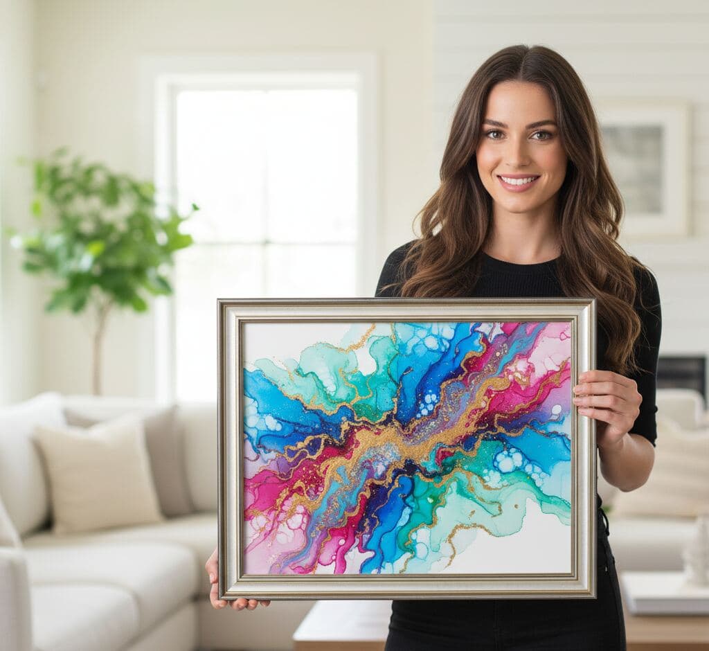 Woman presenting vibrant fluid art abstract painting with turquoise, pink, and gold swirls professionally framed in antique silver picture frame with stepped silver finish and cream panel in modern home