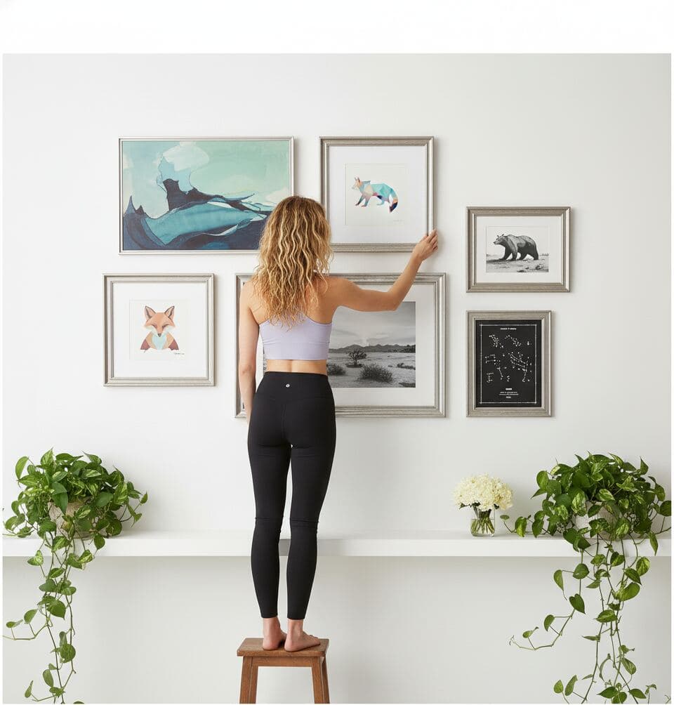 Woman curating nature-inspired gallery wall with antique silver frames displaying geometric animal watercolors of fox, bear, whale, desert landscape photography, and vintage constellation star chart above white floating shelf