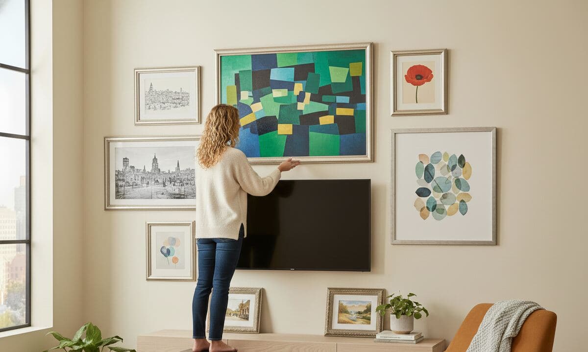 Woman arranging TV gallery wall using antique silver picture frames displaying large-scale geometric abstract art in green tones, botanical watercolor prints, and vintage cityscape etchings