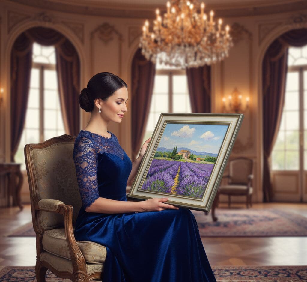 Elegant woman in formal royal blue gown admiring Provence lavender field painting in traditional antique silver picture frame within luxurious European ballroom featuring crystal chandelier and ornate architectural details