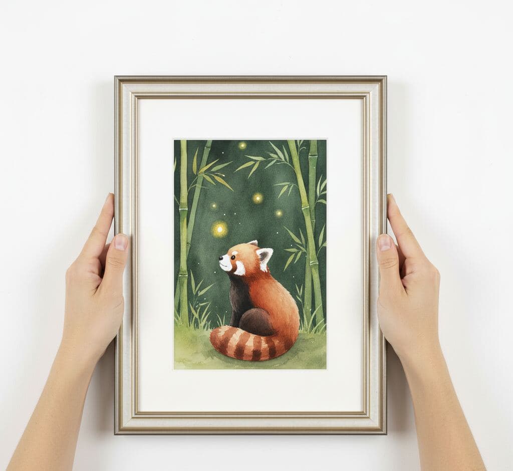 Hands displaying charming red panda watercolor illustration in bamboo forest setting with glowing fireflies professionally framed in antique silver picture frame with wide white mat