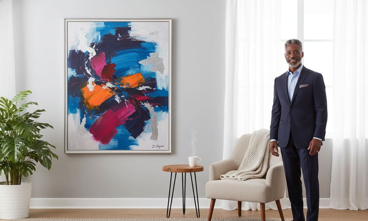 Professional art consultant in contemporary setting presenting large abstract expressionist painting with blue, pink, and orange brushwork in elegant antique silver picture frame