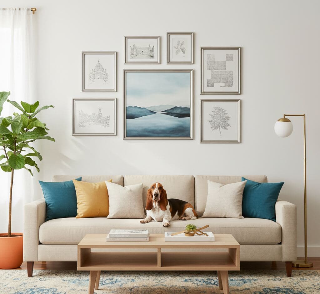 Modern living room gallery wall featuring antique silver picture frames with serene mountain landscape centerpiece surrounded by architectural pen drawings and botanical fern illustrations with basset hound on beige sofa