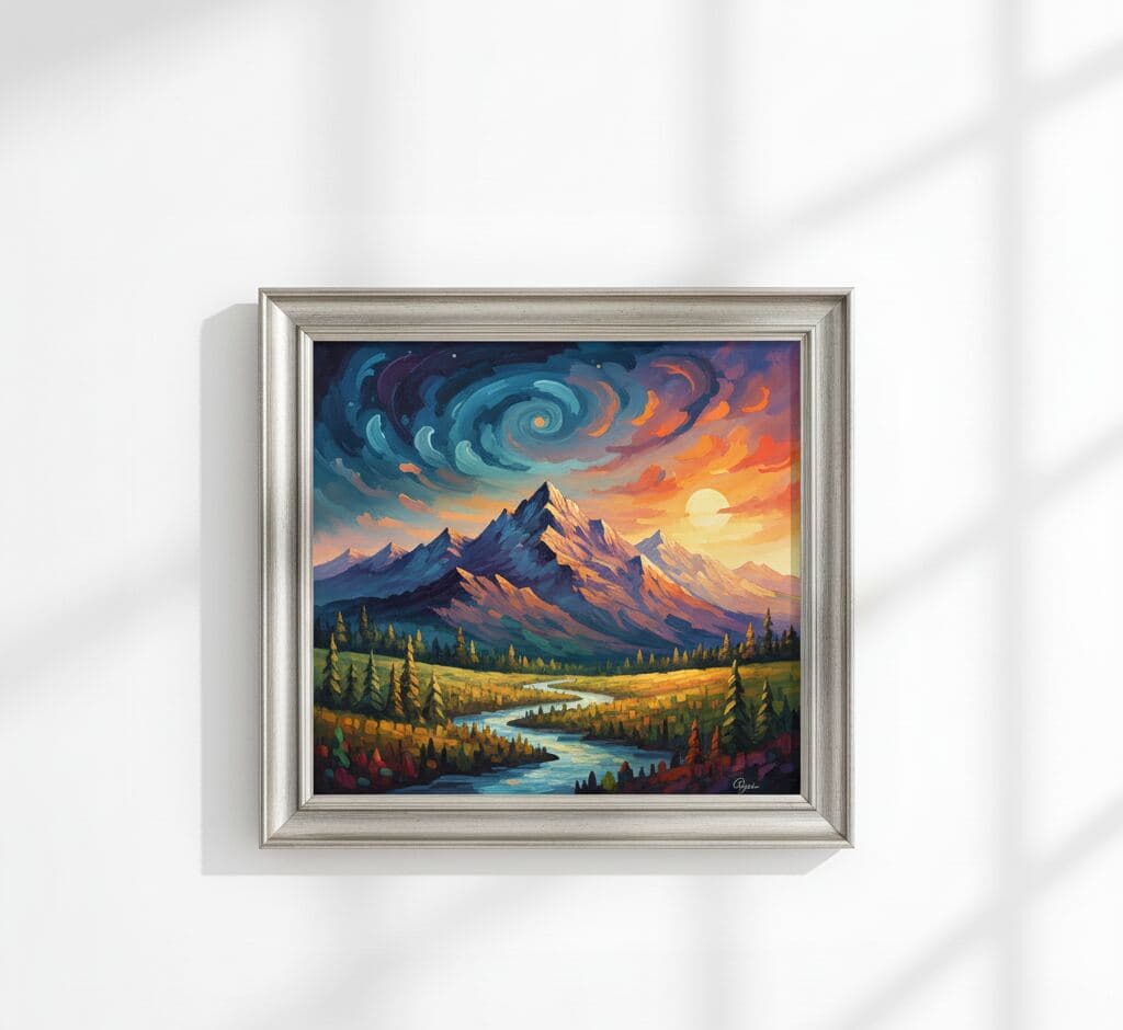 Dramatic mountain wilderness landscape oil painting with swirling orange and blue sunset sky professionally framed in antique silver picture frame with traditional stepped silver finish