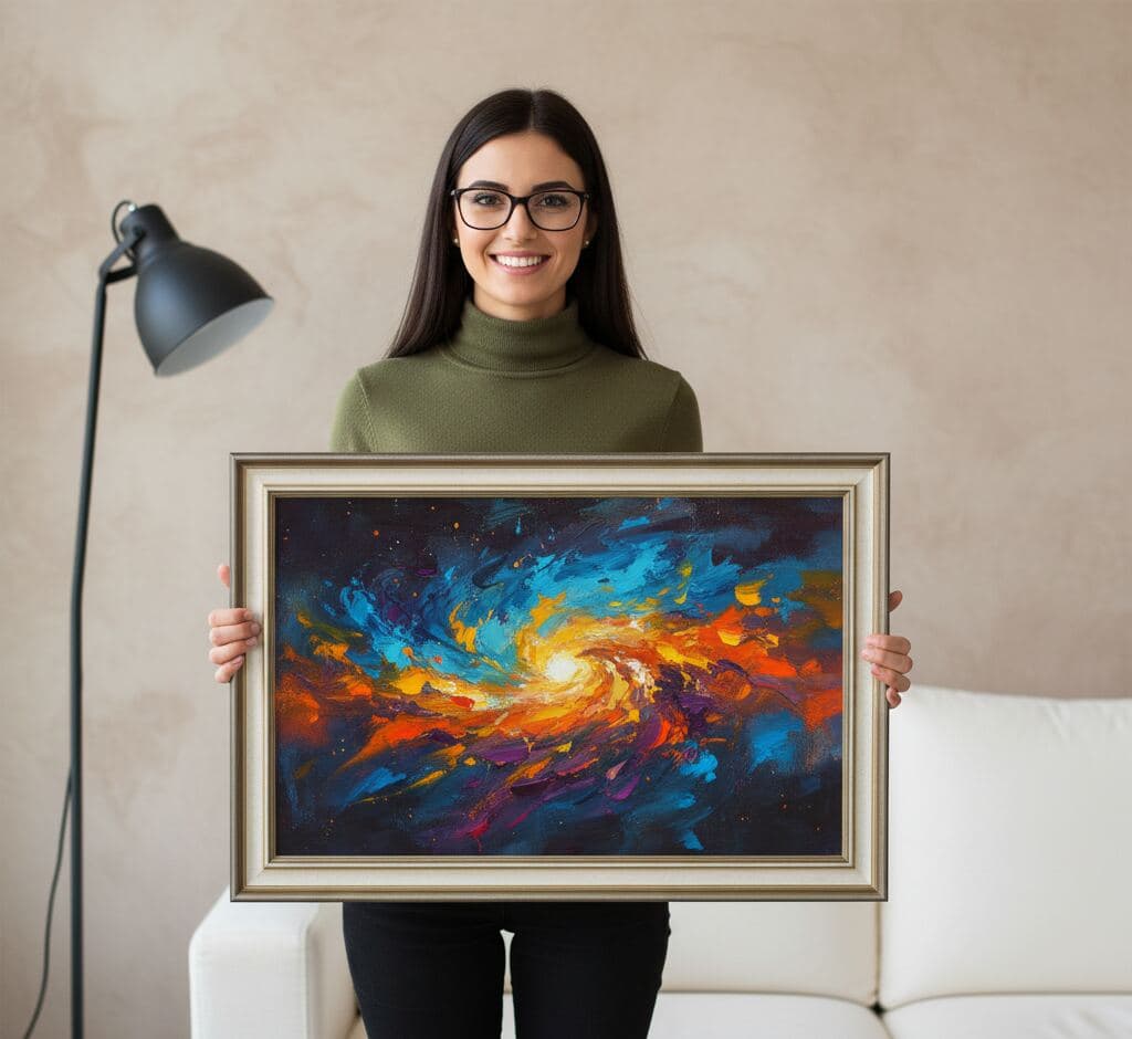 Woman presenting cosmic abstract painting with deep space nebula featuring blue, orange, and golden swirling galaxy in antique silver picture frame with cream panel and gold accent lines