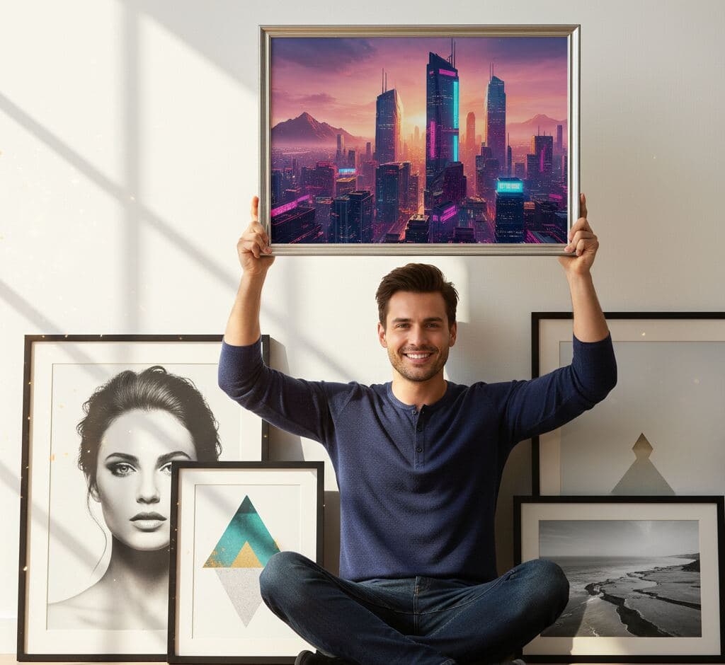Man displaying futuristic cyberpunk cityscape print in antique silver picture frame with stepped silver finish and gold accents among collection of framed geometric and portrait artwork