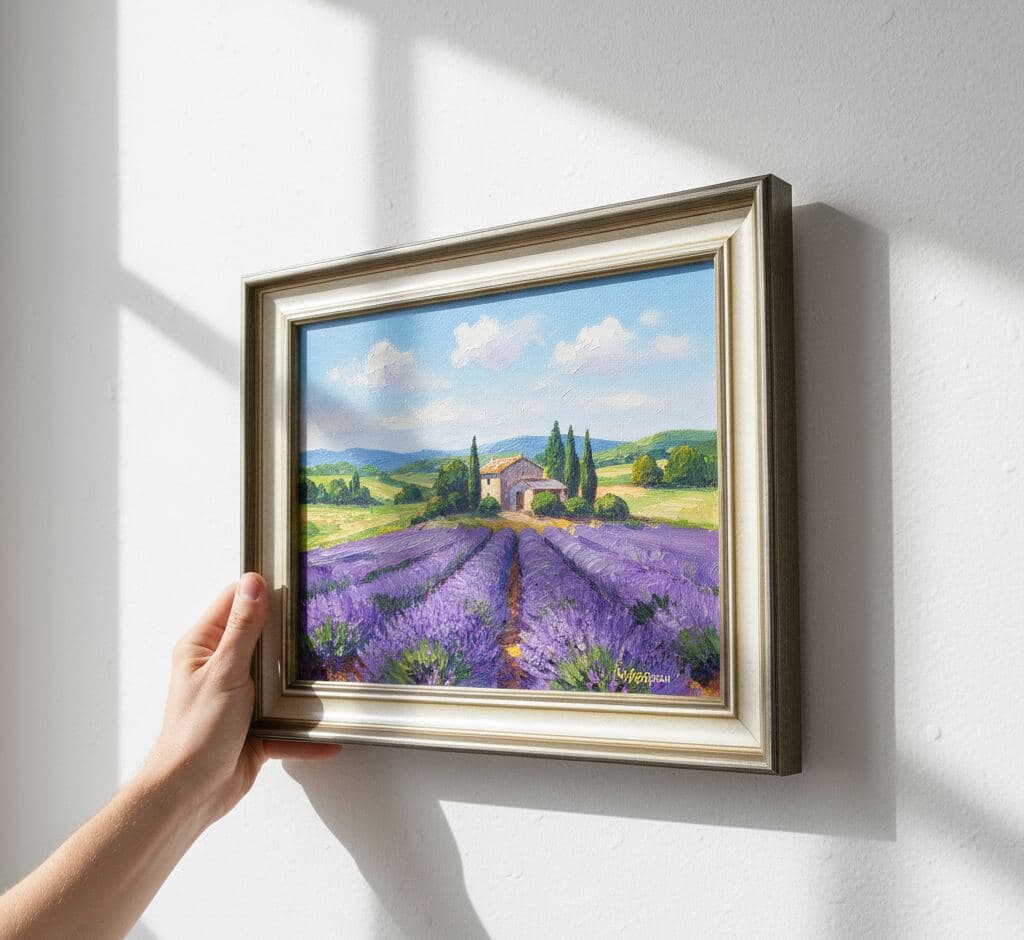 Hand positioning Provence lavender field landscape painting with rustic farmhouse and cypress trees in stepped antique silver picture frame on white gallery wall in natural window light