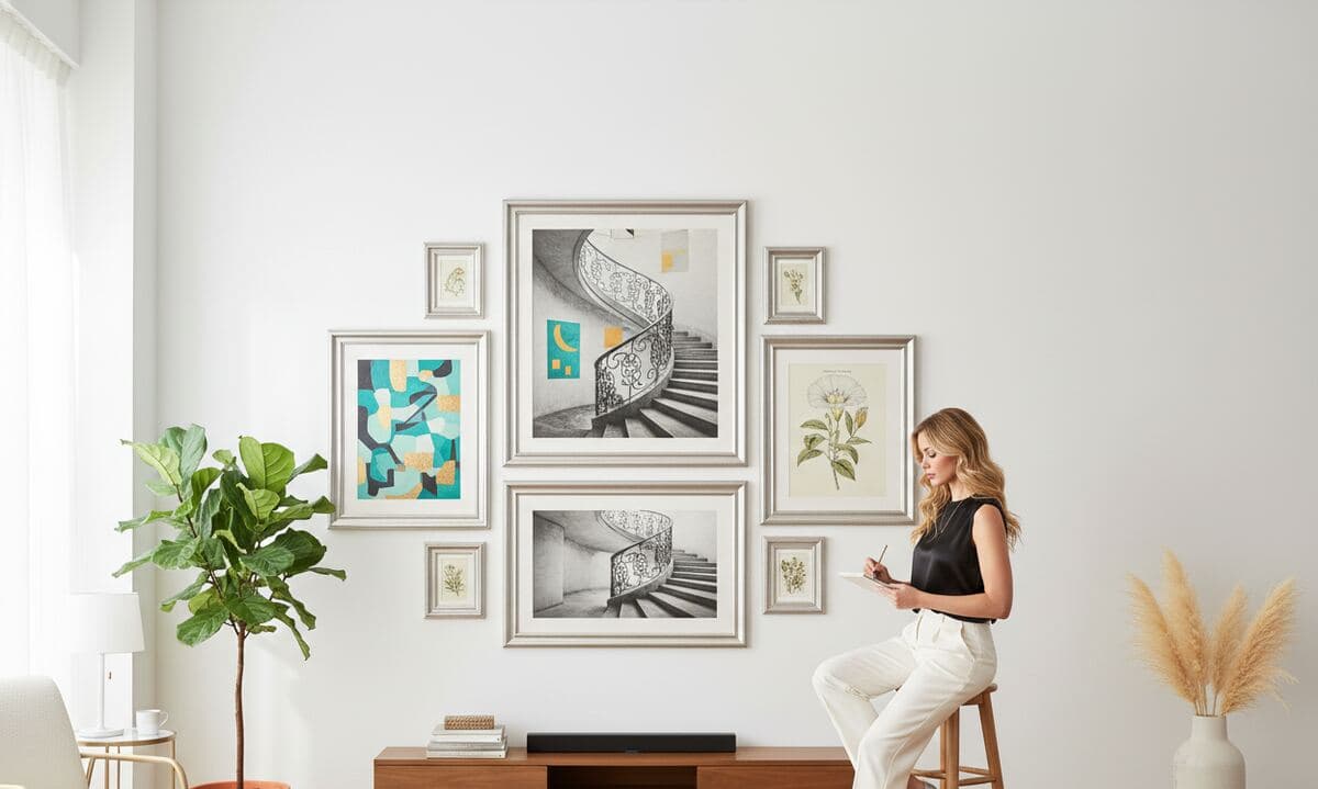 Sophisticated gallery wall featuring antique silver picture frames with cream panels displaying elegant spiral staircase photography, botanical watercolor prints, and architectural line drawings in modern living room