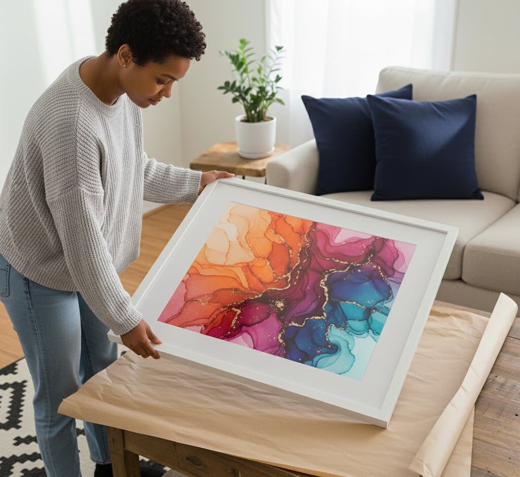 Woman kneeling on sofa hangs colorful geometric and leaf prints in White Picture frames along stairway wall in modern living room demonstrating clean white finish for contemporary art display